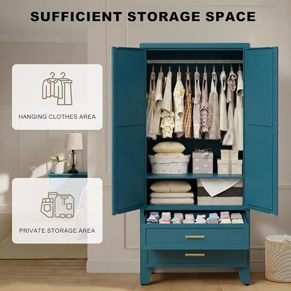 71" H Blue Closet,Armoire Wardrobe Closet,Metal Wardrobe Closet with Doors and Shelves,Large Wardrobe Closet for Bedroom
