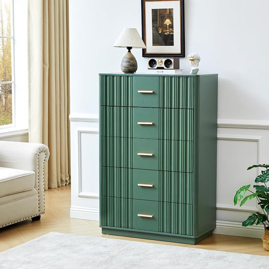 Fluted 5 Drawers Dresser for Bedroom, 47" Tall Modern Chest of Drawers with Metal Handle, Wooden Dresser TV Stand, Wood Closet Clothes Storage Organizer for Living Room, Hallway, Green