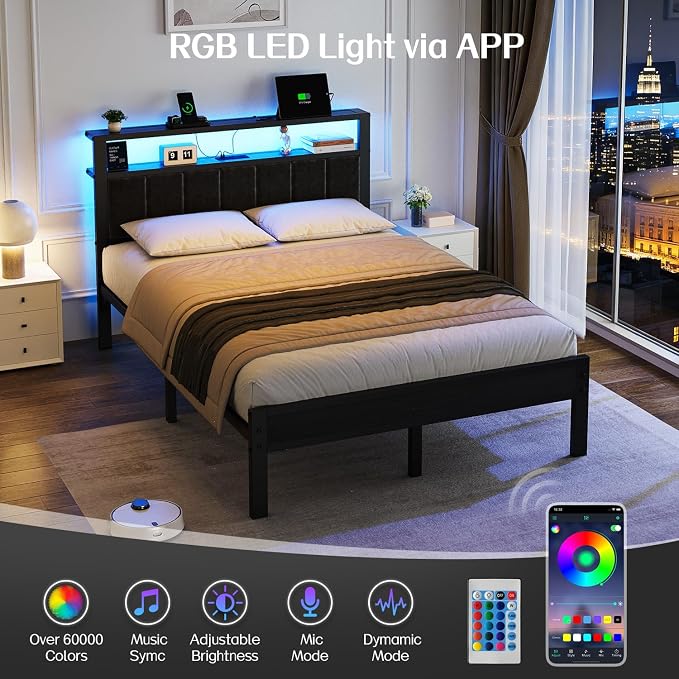 OLEVS Full Size Bed Frame with LED Lights & Charging Station, Modern Platform Bed with Upholstered Storage Headboard, No Box Spring Needed Easy Assembly