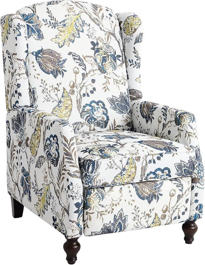 Upholstered Wingback Recliner Chair, Mid Century Modern Manual Push Back Recliner for Living Room, Bedroom (1, Blue & White Floral)
