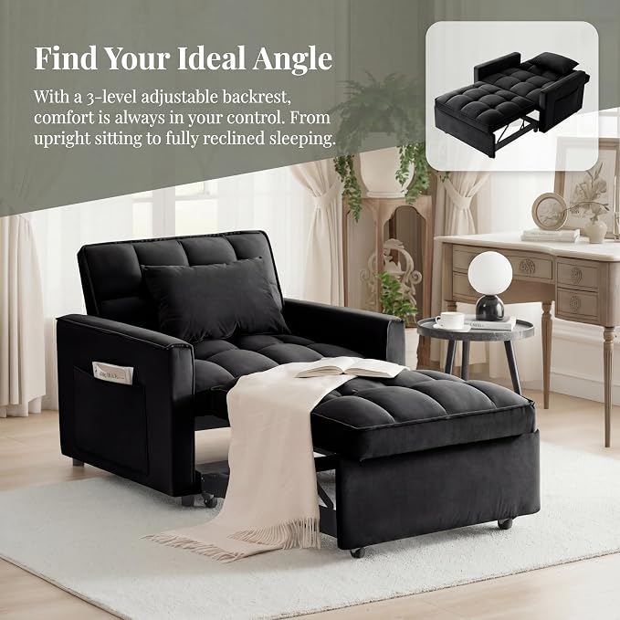 Sleeper Chair, Pull Out Chair Sleeper with Adjustable Back & Pocket, Convertible Chairs Bed Sleepers for Adults, 3 in 1 Sofa Bed Chairs for Small Spaces, Living Room, Black