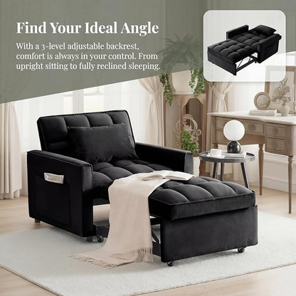 Sleeper Chair, Pull Out Chair Sleeper with Adjustable Back & Pocket, Convertible Chairs Bed Sleepers for Adults, 3 in 1 Sofa Bed Chairs for Small Spaces, Living Room, Black