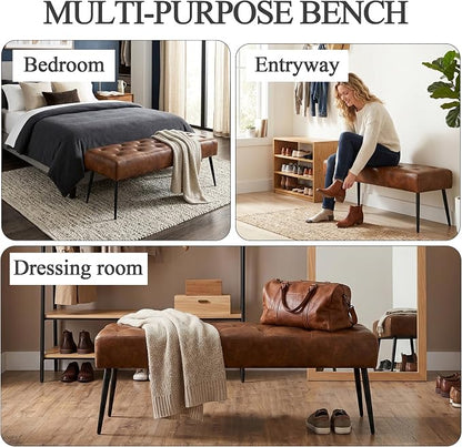 DUHOME Button-Tufted Ottoman Bench, Upholstered Bedroom Benches Leather Footrest Stool Accent Bench for Entryway Dining Room Living Room Bedroom End of Bed, Yellowish Brown