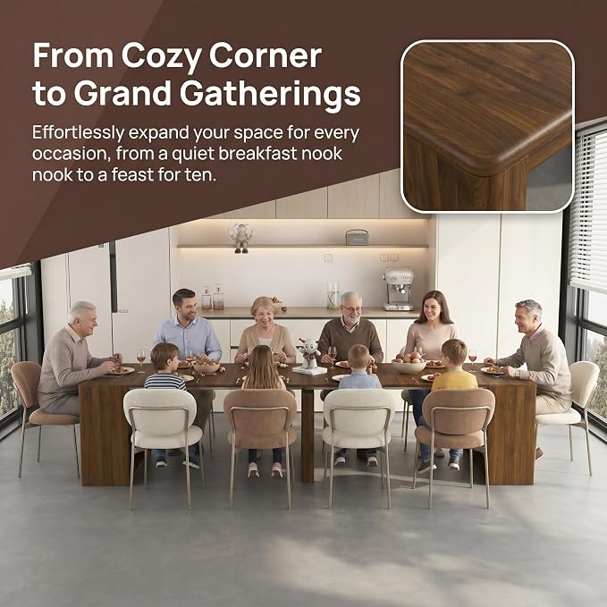 Extendable Foldable Dining Room Table for 1-12 People, Wood Multifunctional Rectangle Expandable Console Kitchen Living Meeting Room Furniture, Walnut