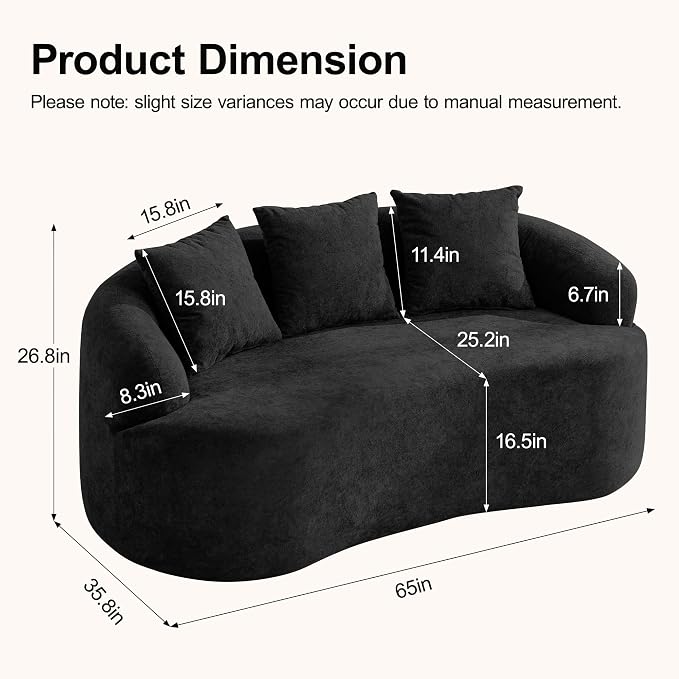 65" Boneless Curved Loveseat Sofa, Deep Seat Love Seat Couches, Modern 2 Seater Curved Couch with 3 Throw Pillows, Compressed Floor Sofa for Living Room Small Spaces, No Assembly, Black