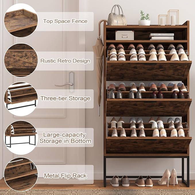 Shoe Storage Cabinet for Entryway, 3 Layers Shoe Cabinet with 3 Flip Drawers, Metal Legs Shoe Organizer Cabinet, Adjustable Shoe Rack Cabinet for Entryway