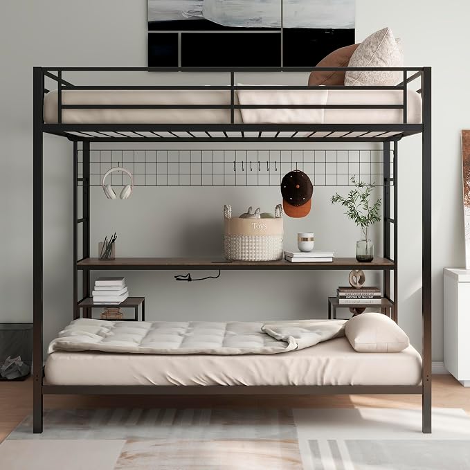 Bellemave Full Over Twin bunk Bed with Desk, loft Bed with Desk and Shelves, Full Over Twin Metal Bunk Beds with Charging Station, Black & Cinnamon Oak