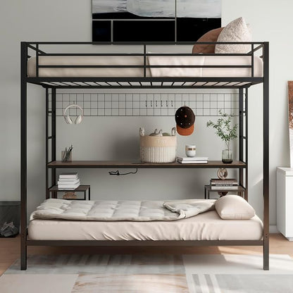 Bellemave Full Over Twin bunk Bed with Desk, loft Bed with Desk and Shelves, Full Over Twin Metal Bunk Beds with Charging Station, Black & Cinnamon Oak