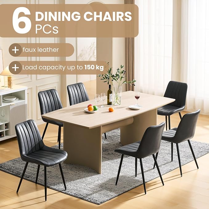 CLIPOP Dining Chairs Set of 6, Faux Leather Dining Chairs with Upholstered Seat, High Back Comfy Cushion, Metal Leg, Accent Kitchen Side Chair for Living, Restaurant & Meeting Room, Black