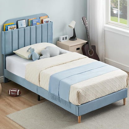 IDEALHOUSE Twin XL Bed Frames, Upholstered Platform Bed Frame with Bookcase Headboard, Velvet Platform Bed Mattress Foundation, Heavy Duty Steel Support Legs, Easy Assembly, Noise Free, Blue
