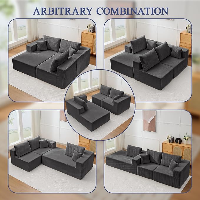 Modular Sectional Sofa for Living Room, 108" Cloud Couch Sectional with L-Shape Chaise, Modern Upholstered Corduroy Boneless Couch with Memory Foam Deep Seat, No Assembly Required (Grey)