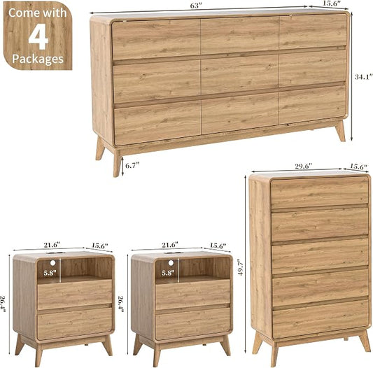 4-Piece Farmhouse Bedroom Storage Set, Dresser and Nightstand, Natural | 5-Drawer Chest & 9-Drawer Dresser, NightStand Set of 2 with Charging Station, Handle-Less Design, Rounded Corners