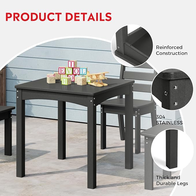 Costaelm Kids Table and 4 Chair Set, Activity Table Chair Set, Toddler Game, Playroom Furniture, Picnic Table Chairs, 5 Piece Dining Table Set, Gray