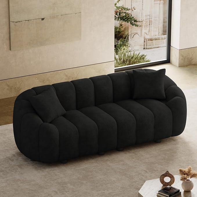 92" Oversized Minimalistic Boucle Sofa for Living Room, Luxury Plush Extra Deep Seat Tufted Sofa, Modern Comfy Curved Cloud Couch, Upholstered 3-Seater Chenille Couches, Black