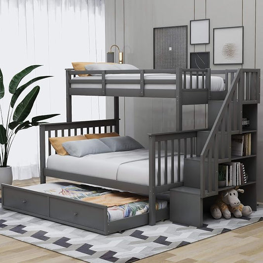 MERITLINE Twin Over Full Bunk Bed with Trundle, Storage Staircase,Solid Wood Bunk Bed with Stairs Box and Guardrail, No Spring Box Needed (Grey &Trundle,Twin Over Full)