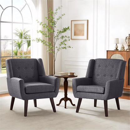 HUIMO Button-Tufted Accent Chairs Set of 2,Upholstered Reading Living Room Chair,Mid Century Modern Chair with Linen Fabric, Club Chair,Comfy Arm Chairs for Living Room,Bedroom,Grey