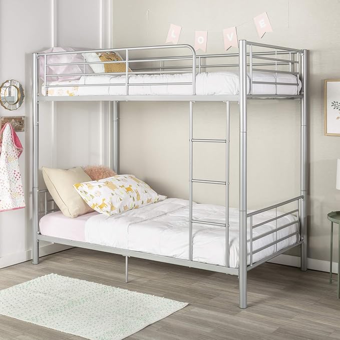 Walker Edison Elodie Urban Industrial Twin Over Twin Metal Bunk Bed, Twin Over Twin, Silver