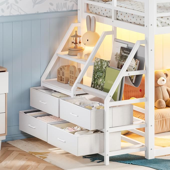 Bellemave Twin Over Twin Bunk Bed with Storage Shelves & 4 Drawers,Heavy Duty Metal Bunk Bed for Teens with LED Lights, Low Bunk Beds for Kids with Guardrails & Ladder, No Box Spring Needed, White