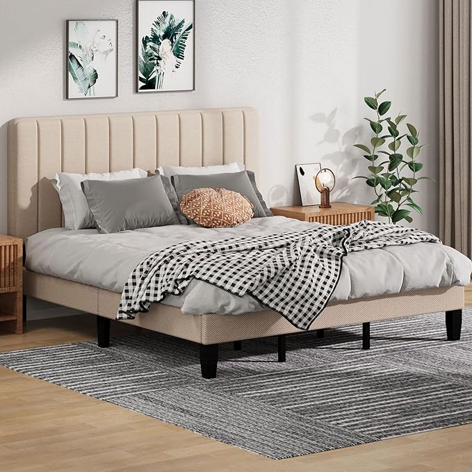 King Size Bed Frame with Headboard, Platform Bed with Soft Linen Upholstered Headboard | Wooden Slats Support | Adjustable Height | No Box Spring Needed, King Bed Frame Beige