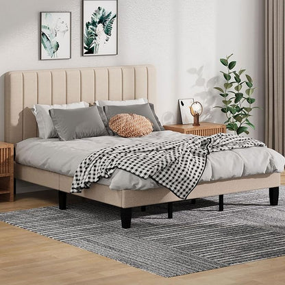 King Size Bed Frame with Headboard, Platform Bed with Soft Linen Upholstered Headboard | Wooden Slats Support | Adjustable Height | No Box Spring Needed, King Bed Frame Beige