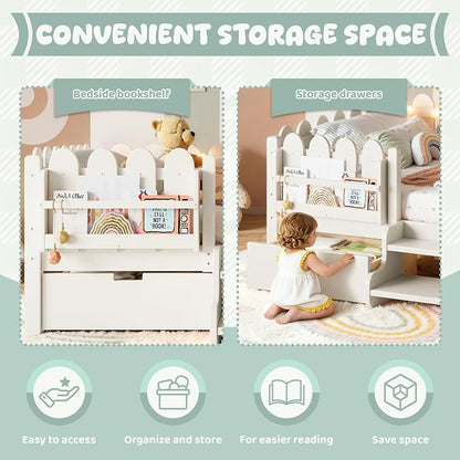 Bellemave Full Kids Montessori Bed with Stairs, Bookshelf and LED Lights, Solid Wood Kids Bed Frame with Storage Drawers for Boys Girls, Low Profile,Beige