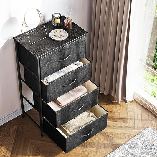 ODK Dresser for Bedroom with 4 Storage Drawers, Small Dresser Chest of Fabric Drawers with Sturdy Steel Frame for Small Space, Wood Top, Black