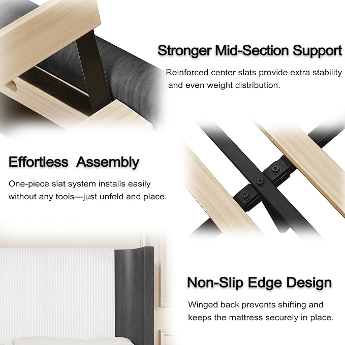 Queen Size Upholstered Platform Bed Frame with Wingback Headboard, Motion-Sensing LED Lights, Sturdy Slats, Mattress-Lock Footboard, PU Leather,No Box Spring Needed, Easy Assembly, Dark Grey Oak