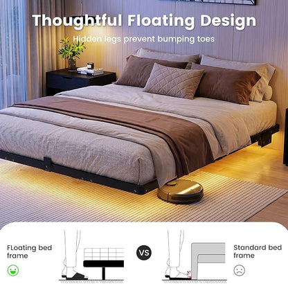 Liians Queen Size Floating Bed Frame with USB Charging Station and LED Lights, Modern Metal Platform Bed Frame with Mattress Slide Stopper, Noise Free No Box Spring Needed and Easy Assembly