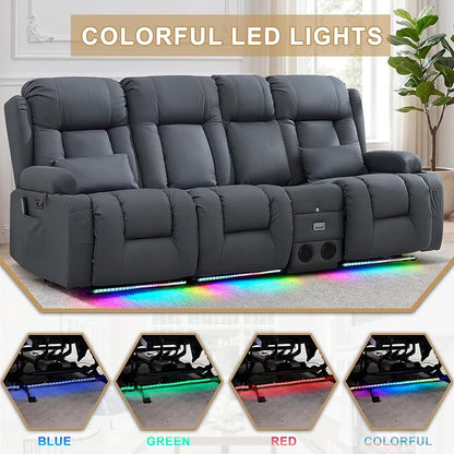 URRED Power Loveseat Recliner Sofa with Massage and Heat, Wall Hugger Reclining Loveseat with Console, RV Couch Home Theater Seating with LED Lights for Living Room (Blue Grey, 89.8" - 3 Seats)