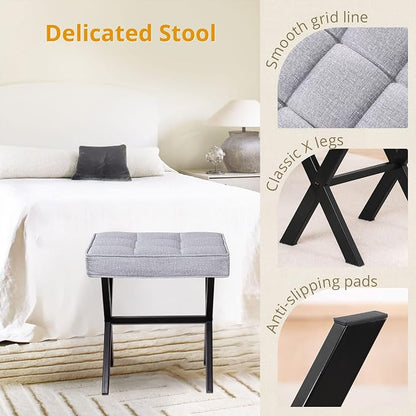 LUE BONA Vanity Stool - Square Linen Makeup Seat With Metal X Legs, Small Ottoman Chair for Makeup Room, Living Room, Bathroom - Modern Padded Foot Rest, Dark Gray