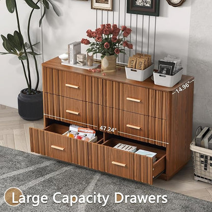 Fluted Double Dresser for Bedroom with 6 Drawers, 47" Wide Modern Chest of Drawers with Curved Profile Design, Wood Closet Clothes Storage Organizer Dresser TV Stand for Living Room, Hallway, Walnut