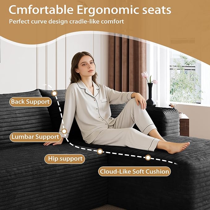 AUGOP 96" Sectional Couches for Living Room Modern Modular Sofa with L-Shape Couchs Upholstered Boneless Couch Deep Seat Sectional Couch with Chaise (Black, 96" Right Facing Chaise+2Seaters)