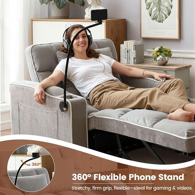 4 in 1 Sleeper Chair, Velvet Pull Out Chair Sleeper with Bracket and Cup Holder, Chairs Bed Sleepers with USB Port for Adults, Sofa Bed Chairs for Small Spaces, Living Room, Gray