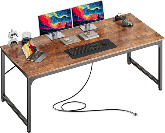 PRAISUN 63 X 30 Inch Extra Deep Desk with Power Outlets | Long Computer Desk for Bedroom, Office Desk for Work from Home, Writing Study Gaming Table, Stable Metal Frame, Rustic Brown
