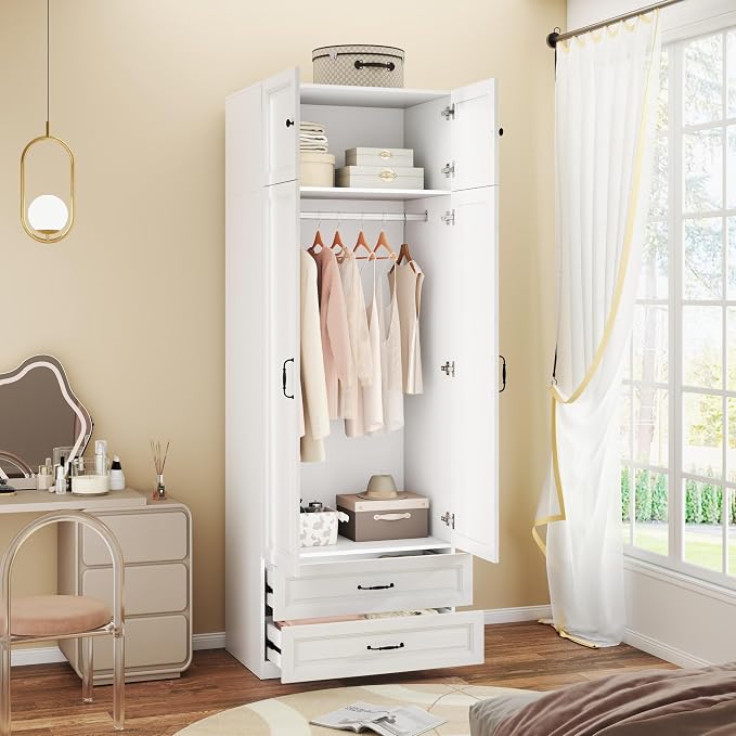 Armoire Wardrobe Closet with 2 Drawers: 88" White Bedroom Closet, Wood Wardrobe Closets with 2 Doors, Tall Armoire Cabinet and Storage Shelves for Clothing (31")