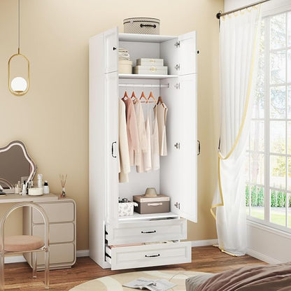 Armoire Wardrobe Closet with 2 Drawers: 88" White Bedroom Closet, Wood Wardrobe Closets with 2 Doors, Tall Armoire Cabinet and Storage Shelves for Clothing (31")