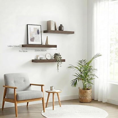 Floating Shelves for Wall, Bathroom Shelves Over Toilet, Wall Shelves & Book Shelf for Room, Hanging Shelf, Modern Wooden Mounted Floating Shelves, 24x7x1.5 in (Smoke Gray, Set of 3)