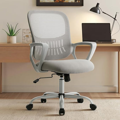 OLIXIS Home Office Chair, Mid Back Computer Ergonomic Mesh Desk with Large Seat, Executive Height Adjustable Swivel Task with Lumbar Support and Armrest, for Adults, Grey