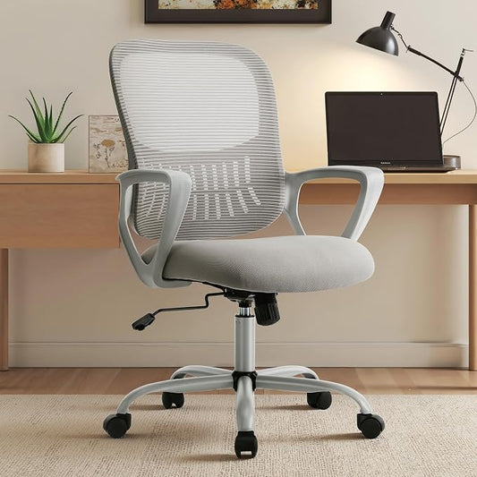OLIXIS Home Office Chair, Mid Back Computer Ergonomic Mesh Desk with Large Seat, Executive Height Adjustable Swivel Task with Lumbar Support and Armrest, for Adults, Grey