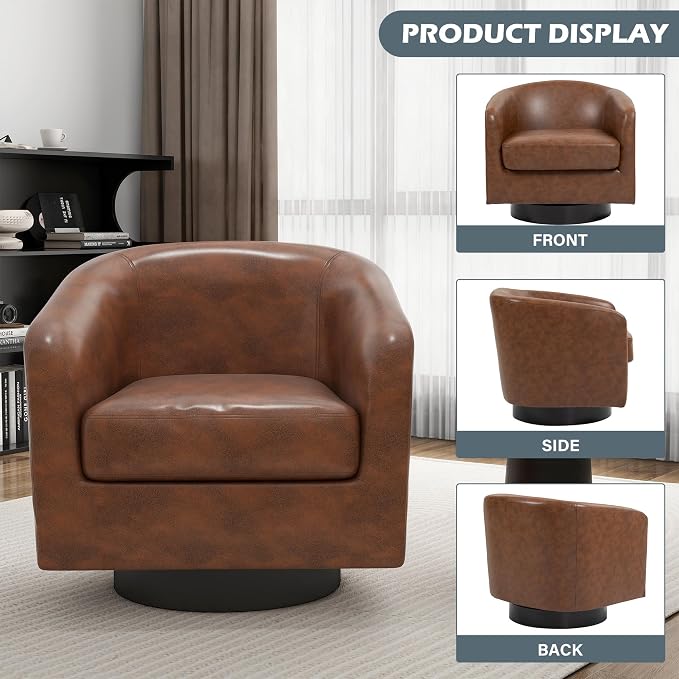 Faux Leather Swivel Barrel Accent Chairs Set of 2, Swivel Club Chair Upholstered Armchair for Living Room, Modern Round Pleather Arm Chair Comfy Single Sofa Bedroom Reading Seat - Coffee