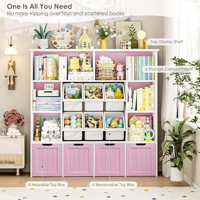 FINETONES Toy Storage Organizer with 6 Toy Bins, Toy Organizer Kids Bookshelf with 4 Movable Drawers and 6 Storage Cubbies, Toy Bins for Kids Organizer Playroom Storage for Living Room, Pink