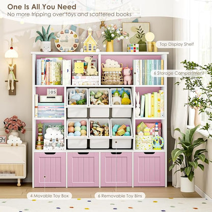 FINETONES Toy Storage Organizer with 6 Toy Bins, Toy Organizer Kids Bookshelf with 4 Movable Drawers and 6 Storage Cubbies, Toy Bins for Kids Organizer Playroom Storage for Living Room, Pink