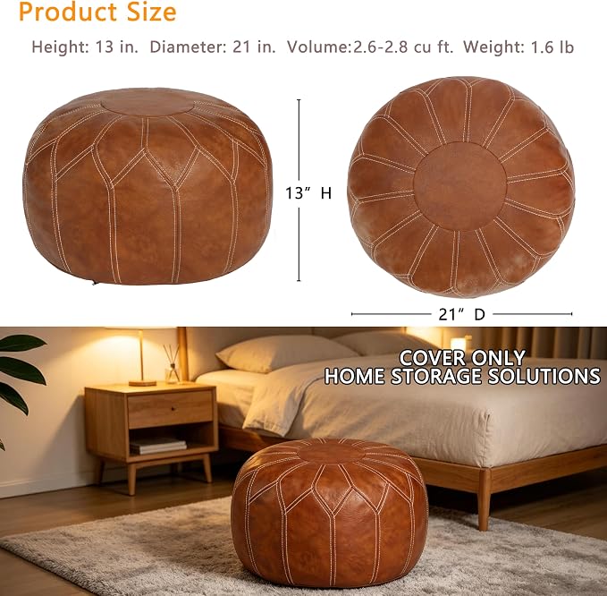 Thgonwid Unstuffed Moroccan Faux Leather Pouf Ottoman Cover with Storage - Boho Chic Multi-Use Footrest for Living Room, Bedroom, Patio - Round Ethnic Floor Cushion & Decorative Accent, Brown