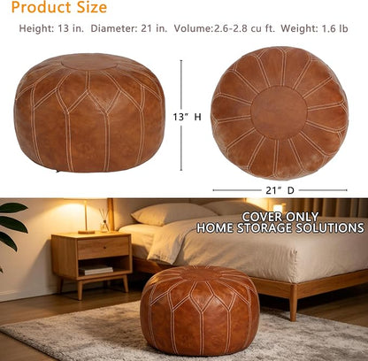 Thgonwid Unstuffed Moroccan Faux Leather Pouf Ottoman Cover with Storage - Boho Chic Multi-Use Footrest for Living Room, Bedroom, Patio - Round Ethnic Floor Cushion & Decorative Accent, Brown