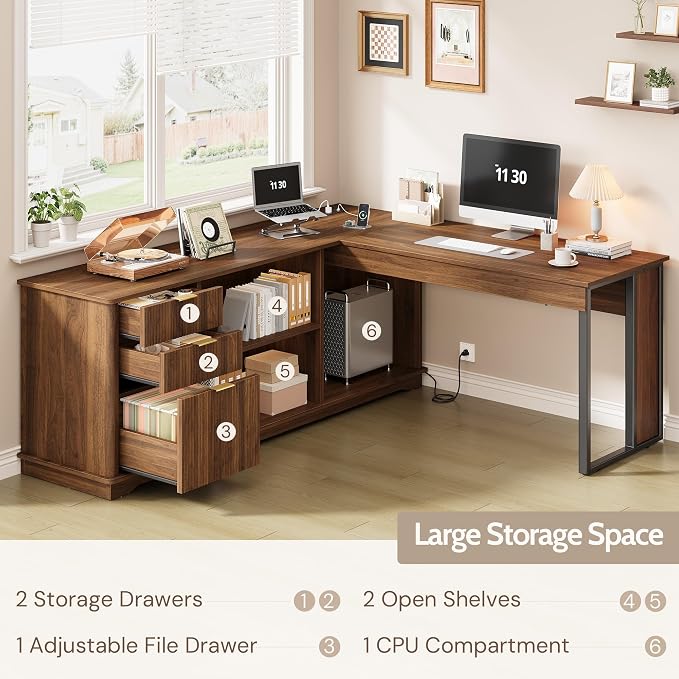 L Shaped Desk with Lift Top & Power Outlets, 63'' x 55'' Executive Computer Desk with 3 Fluted Drawers, Storage Shelves, CPU Stand, Industrial Standing Desk for Office (Schatt Walnut)