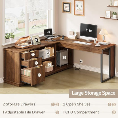 L Shaped Desk with Lift Top & Power Outlets, 63'' x 55'' Executive Computer Desk with 3 Fluted Drawers, Storage Shelves, CPU Stand, Industrial Standing Desk for Office (Schatt Walnut)