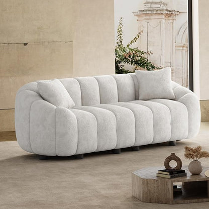 92" Oversized Minimalistic Boucle Sofa for Living Room, Luxury Plush Extra Deep Seat Tufted Sofa, Modern Comfy Curved Cloud Couch, Upholstered 3-Seater Chenille Couches, Beige White