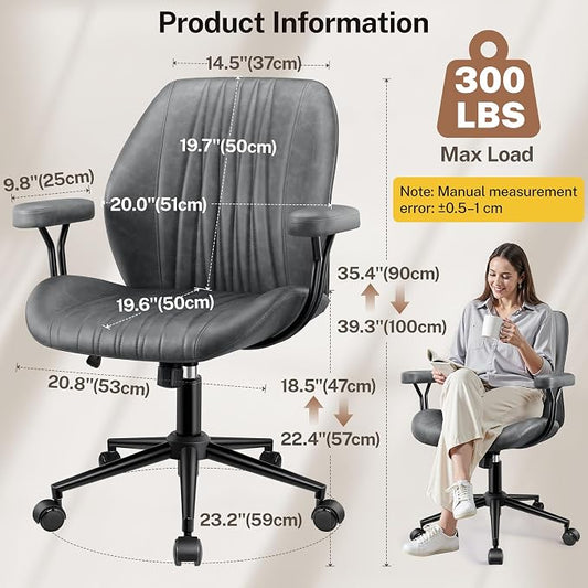HeroSet Leather Office Chair with Removable Armrests, Mid Back Ergonomic Desk Chair with Lumbar Support, Adjustable Height Rocking Swivel Executive Chair for Home Office, Drak Gray