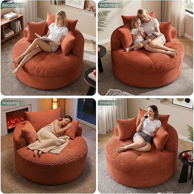 Oversized Round Chaise Lounge Chair, Deep Seat Cloud Boneless Floor Sofa Couch, Upholstered Corduroy Sleeper with 3 Pillows & Optional Ottoman, No Assembly Modern Lazy Floor Lounger for Living Room
