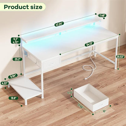 DurayLoly Computer Desk with Ergonomic Monitor Stand & CPU Stand,47.2" Gaming Desk with 1 Drawer & Power Outlet & LED Lights for Home Work, Bedroom Study and Gaming, Small Spaces,White